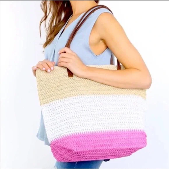 1 LEFT! Colorblock Raffia Crochet Summer Three Tone Tote Bag Brown Leather Strap - Picture 3 of 4